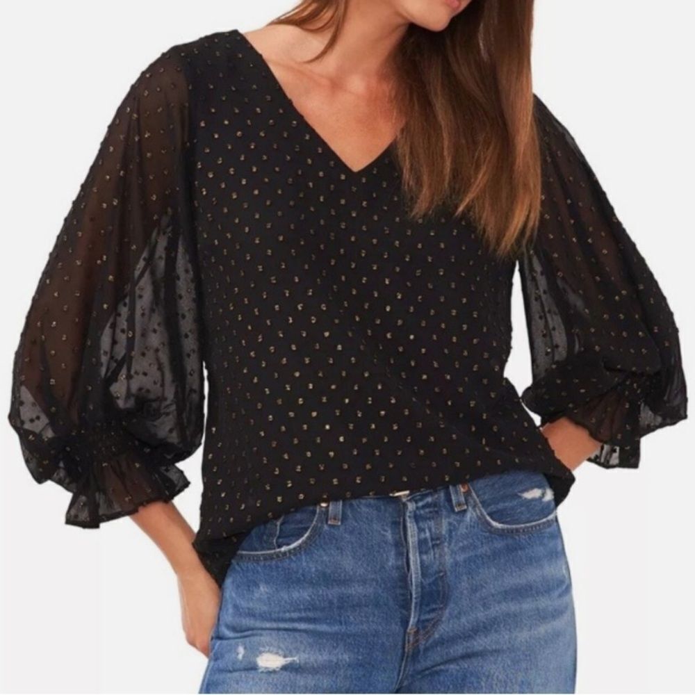 Vince Camuto Black Graphic Puff Sleeve Blouse Size M